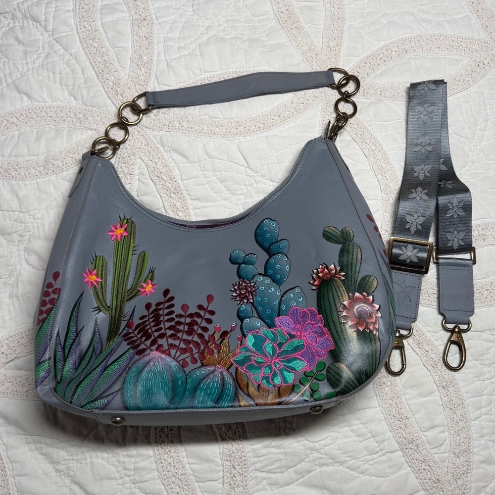 Anuschka Hobo Bag‎ Gray Hand Painted Cactus Leather Crossbody Women Large Boho